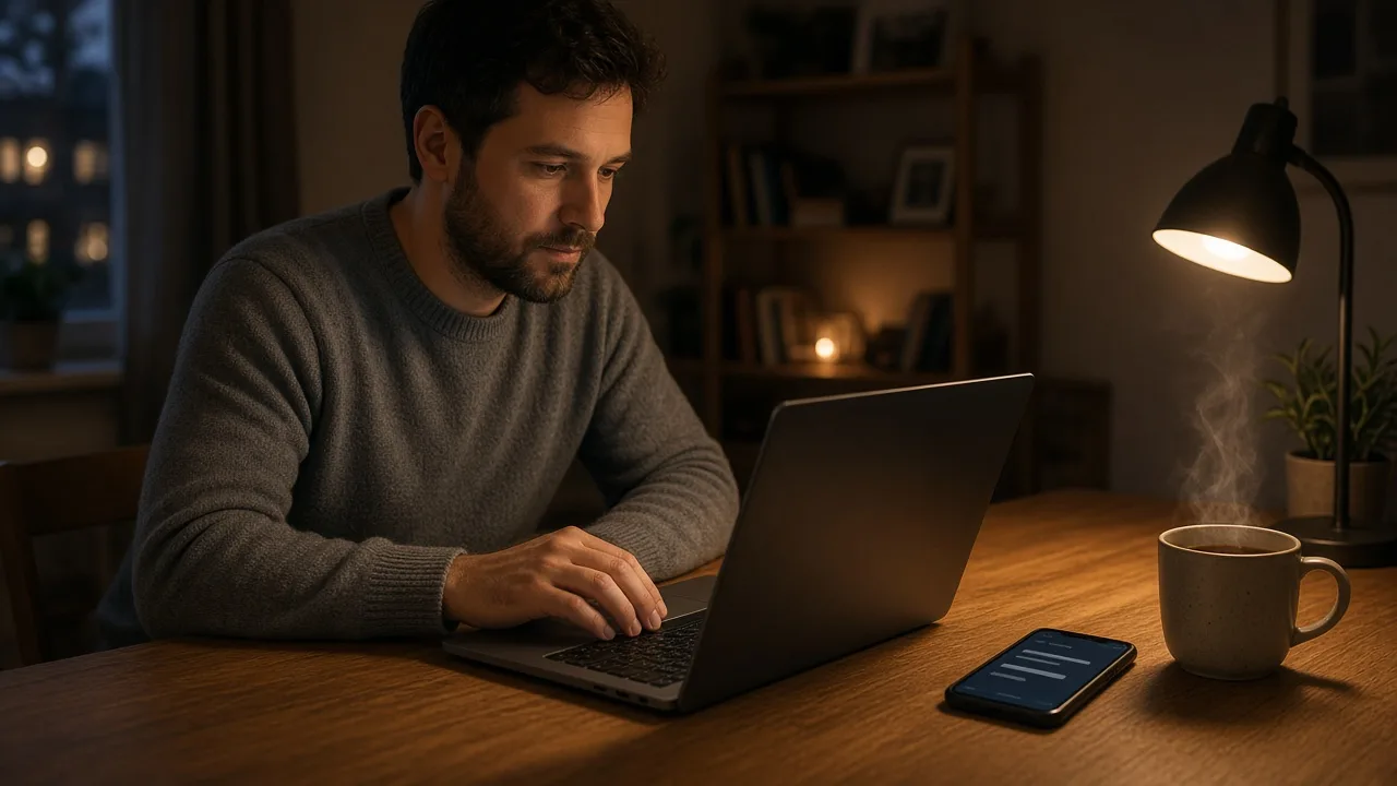 Řidič s bankovní identitou vyplňuje elektronickou žádost o změnu provozovatele na notebooku